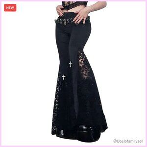 Lace Flared Leggings Gothic High Waist Mesh Patchwork Bell-Bottom Trousers Y2K